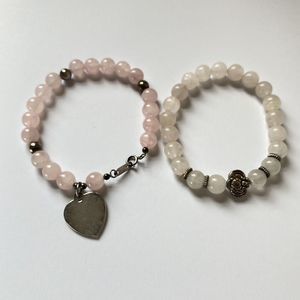 Lot Of 2 Pink Rose Milk Quartz Polished Beaded Bracelets Silver Tone Heart Charm